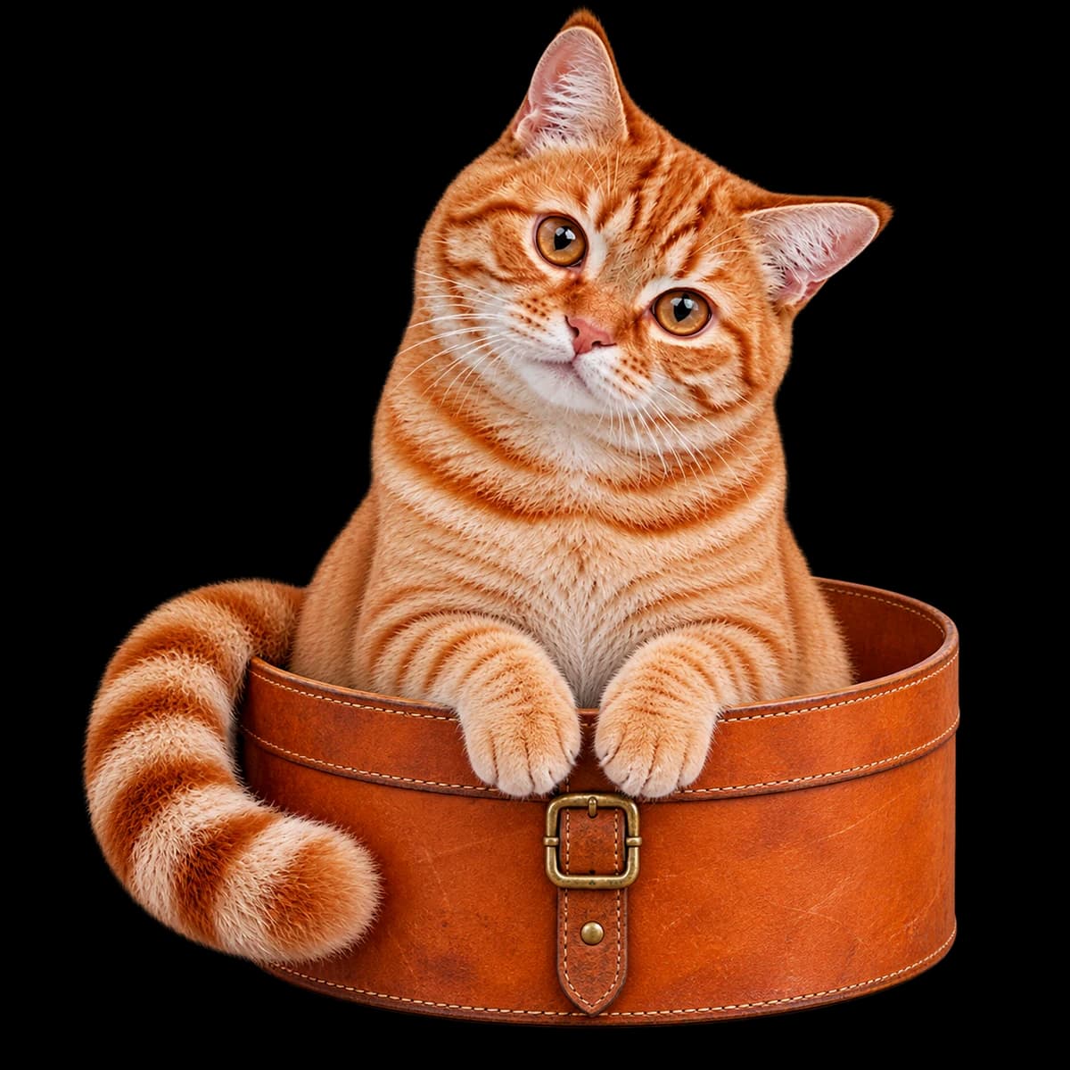 Our curious ginger cat peeking out of a vintage ginger hatbox, paws over the rim.