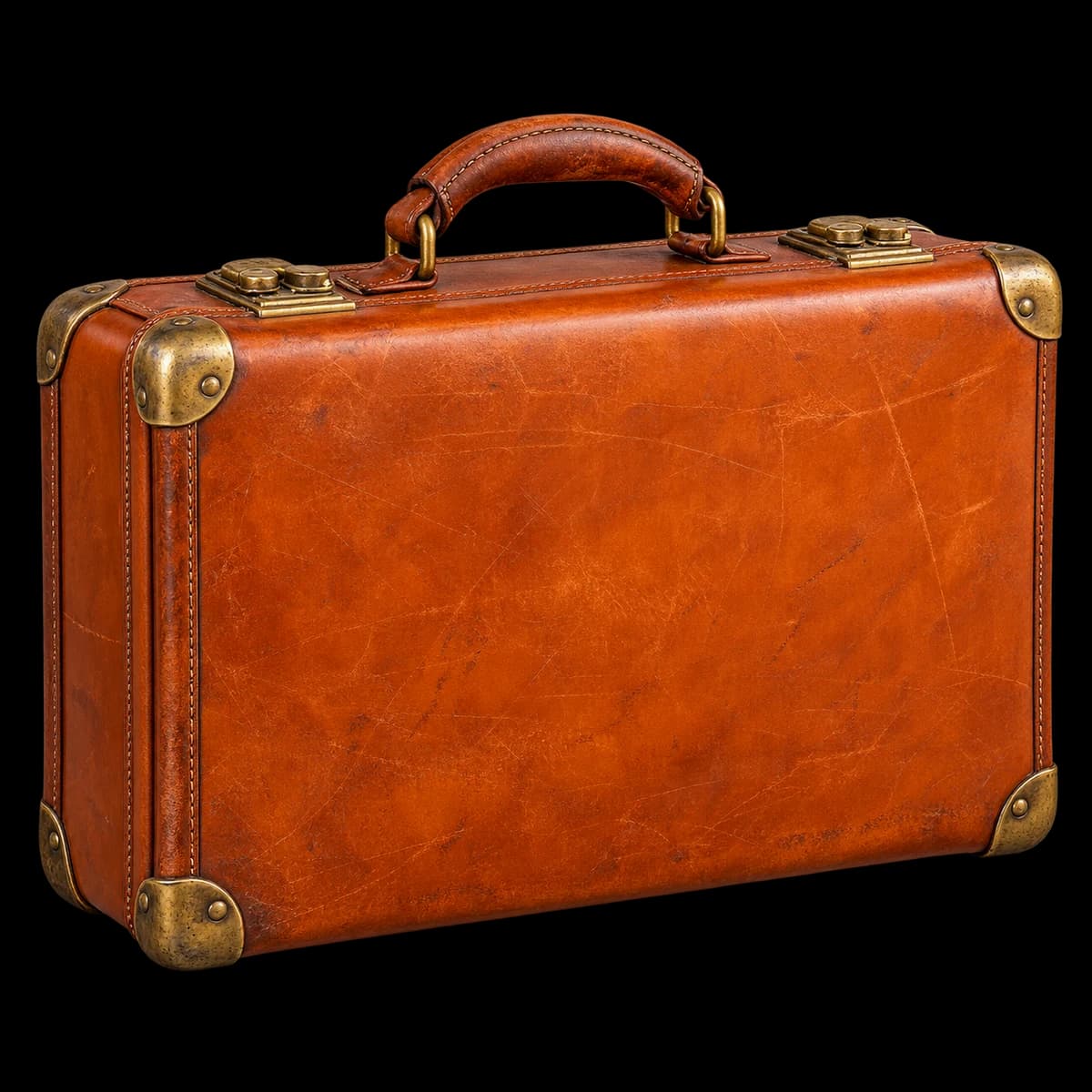 A vintage ginger leather suitcase with aged brass clasps.