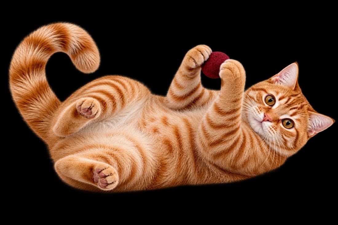 Our ginger cat on its back, playing with the burgundy ball.