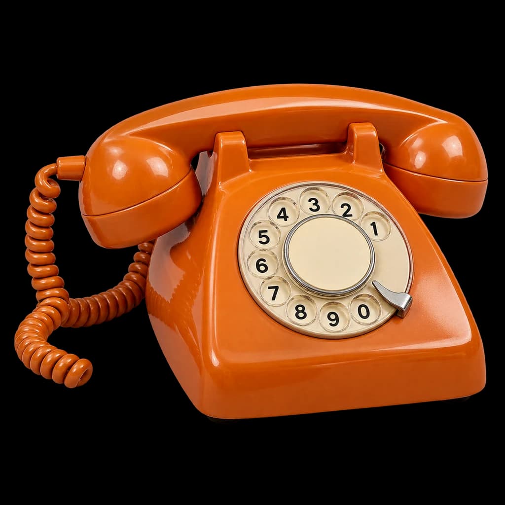 A ginger-orange retro rotary telephone with a cream dial.