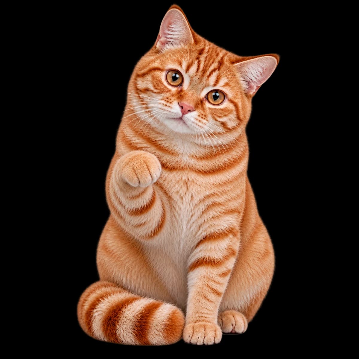 Our ginger cat facing you with one front paw lifted in a friendly hello.